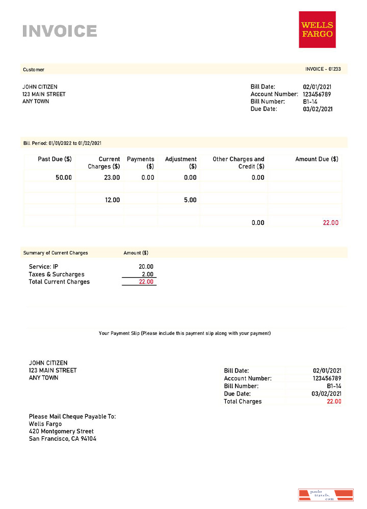 USA Wells Fargo invoice template PSD template